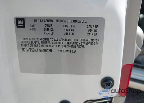 2007 Chevrolet Impala Lt from USA, damaged, VIN 2G1WT58K179399420